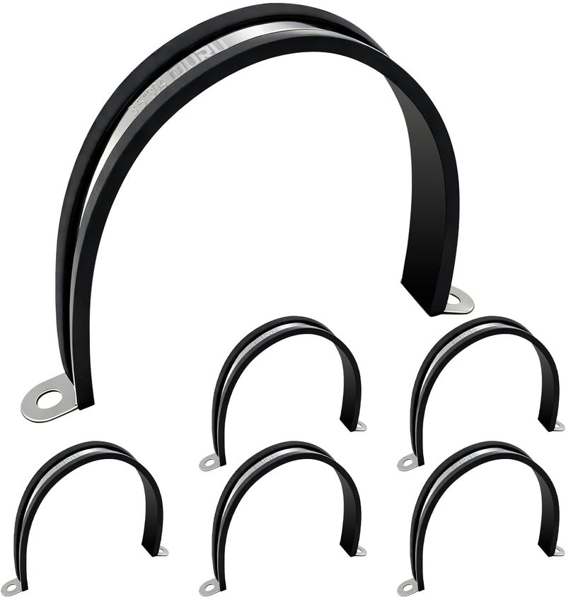 ORU 6pcs 3.5 Inch Pipe Clamp 304 Stainless Steel, Heavy Duty Rubber Cushioned Insulated Pipe Strap, U Bracket Clamp Conduit Clamp for Automotive, Wire & Tube - Image 1